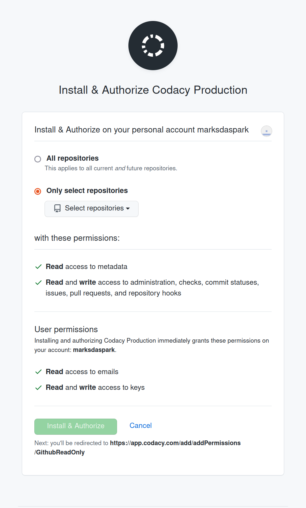 Codacy authorise access page