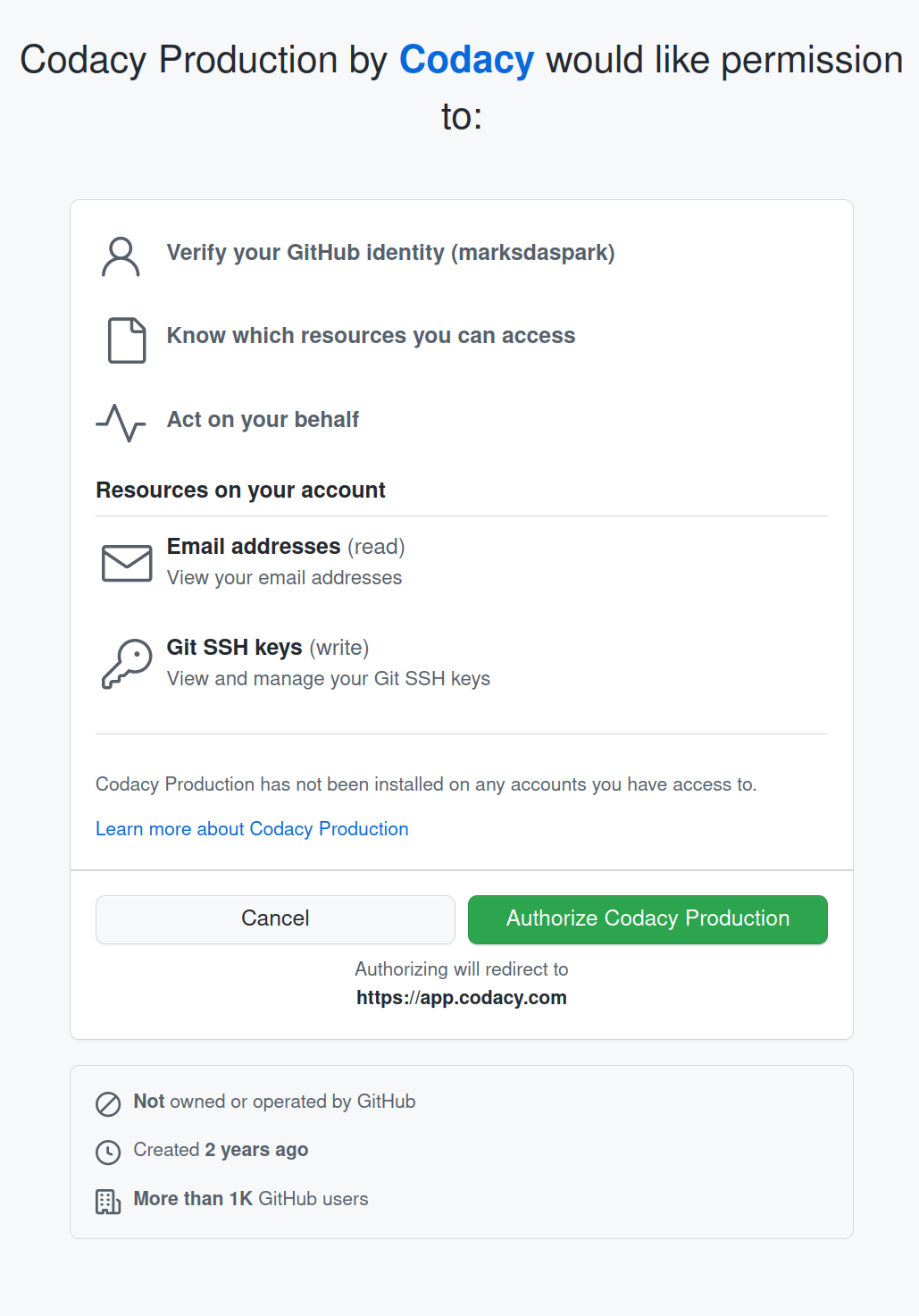 Codacy Production Auth page