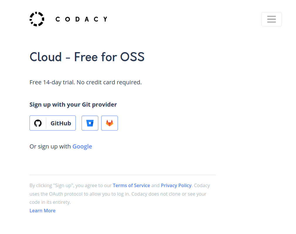 Codacy Signup page